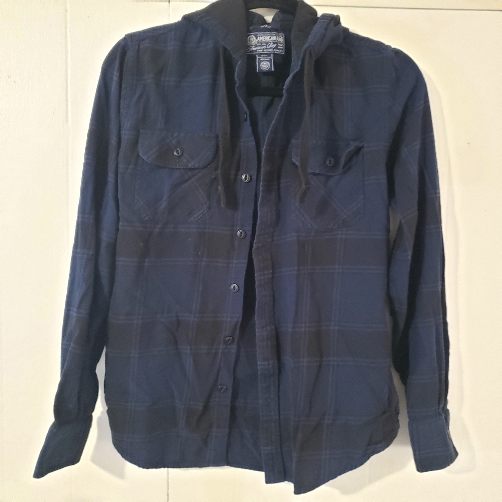 Black & navy 100% cotton plaid hooded shirt